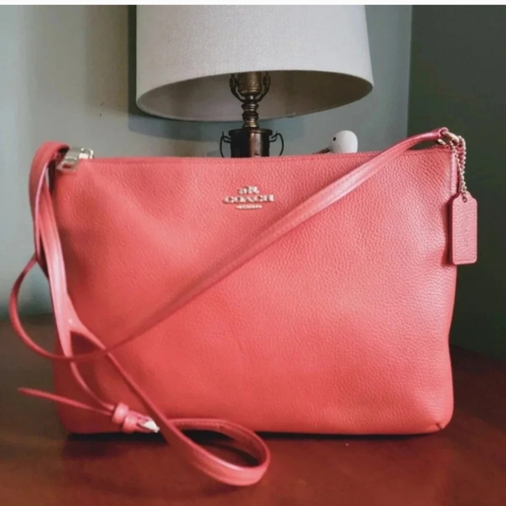 Coach 63929 Mia Bright Coral Pebbled Leather Crossbody Bag Purse